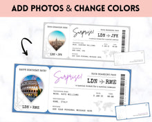 Load image into Gallery viewer, Boarding Pass Template, EDITABLE Boarding Ticket, Surprise Vacation, Plane Ticket, Airline, Trip, Flight Gift, Holiday Destination, Fake,