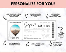 Load image into Gallery viewer, Boarding Pass Template, EDITABLE Boarding Ticket, Surprise Vacation, Plane Ticket, Airline, Trip, Flight Gift, Holiday Destination, Fake,