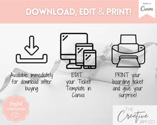 Load image into Gallery viewer, Boarding Pass Template, EDITABLE Boarding Ticket, Surprise Vacation, Plane Ticket, Airline, Trip, Flight Gift, Holiday Destination, Fake,