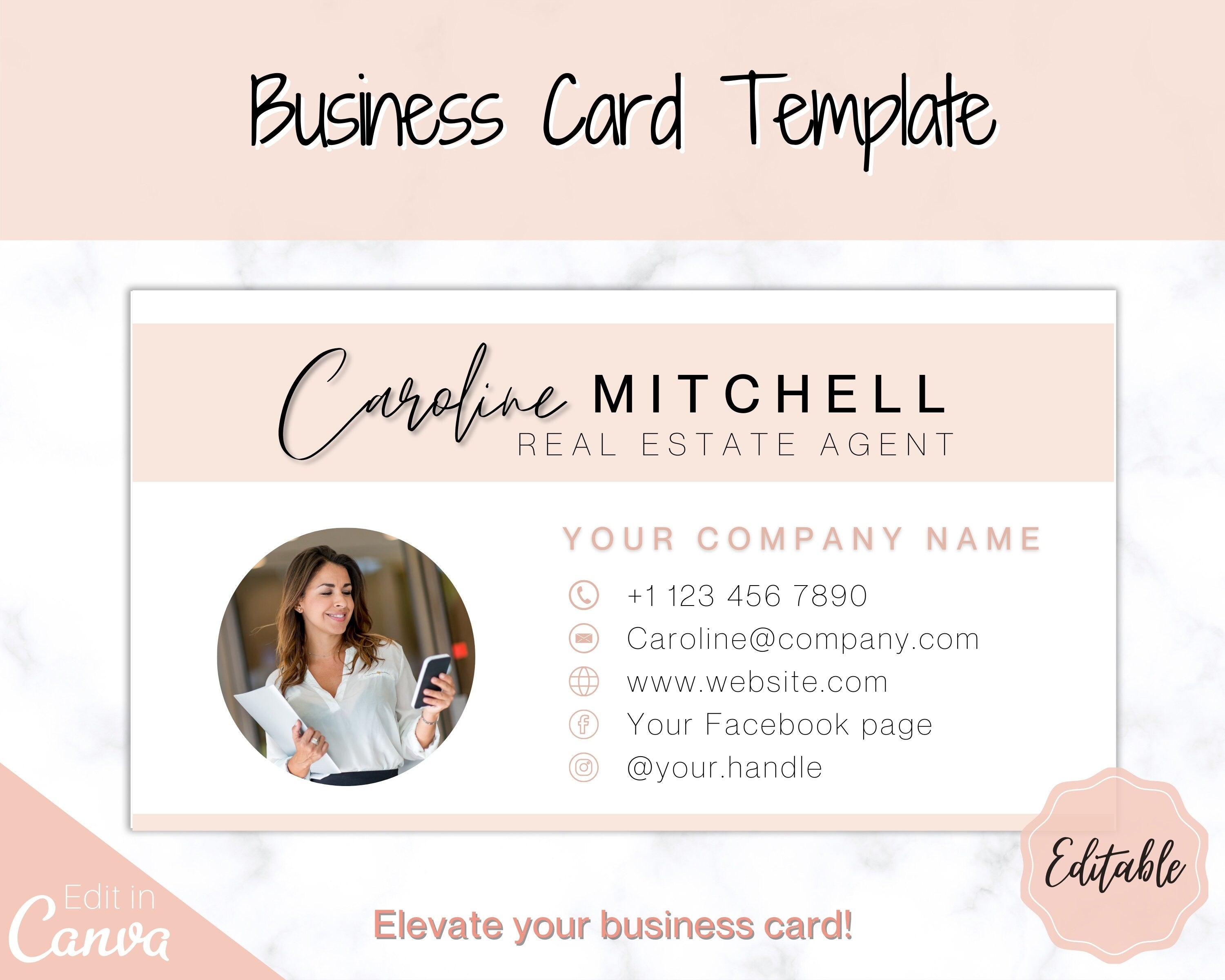 Business Card Template | Editable Cards for Realtors, Marketing \u0026 Social  Media Professionals | Pink Style 2, image size:3000x2400