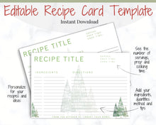 Load image into Gallery viewer, CHRISTMAS Recipe Card template, EDITABLE Recipe Template, Recipe Cards Printable, 4x6, Insert, Minimal, Sheet, Recipe Box, Xmas, Book | Green