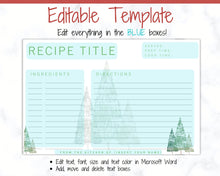 Load image into Gallery viewer, CHRISTMAS Recipe Card template, EDITABLE Recipe Template, Recipe Cards Printable, 4x6, Insert, Minimal, Sheet, Recipe Box, Xmas, Book | Green