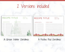 Load image into Gallery viewer, CHRISTMAS Recipe Card template, EDITABLE Recipe Template, Recipe Cards Printable, 4x6, Insert, Minimal, Sheet, Recipe Box, Xmas, Book | Green