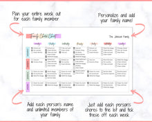 Load image into Gallery viewer, Chore Chart SPREADSHEET, Editable Family Planner Printable, Colorful Weekly Family Schedule, Calendar, Command Center, Household Kid Adult