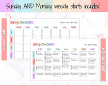 Load image into Gallery viewer, Chore Chart SPREADSHEET, Editable Family Planner Printable, Colorful Weekly Family Schedule, Calendar, Command Center, Household Kid Adult