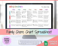 Load image into Gallery viewer, Chore Chart SPREADSHEET, Editable Family Planner Printable, Colorful Weekly Family Schedule, Calendar, Command Center, Household Kid Adult