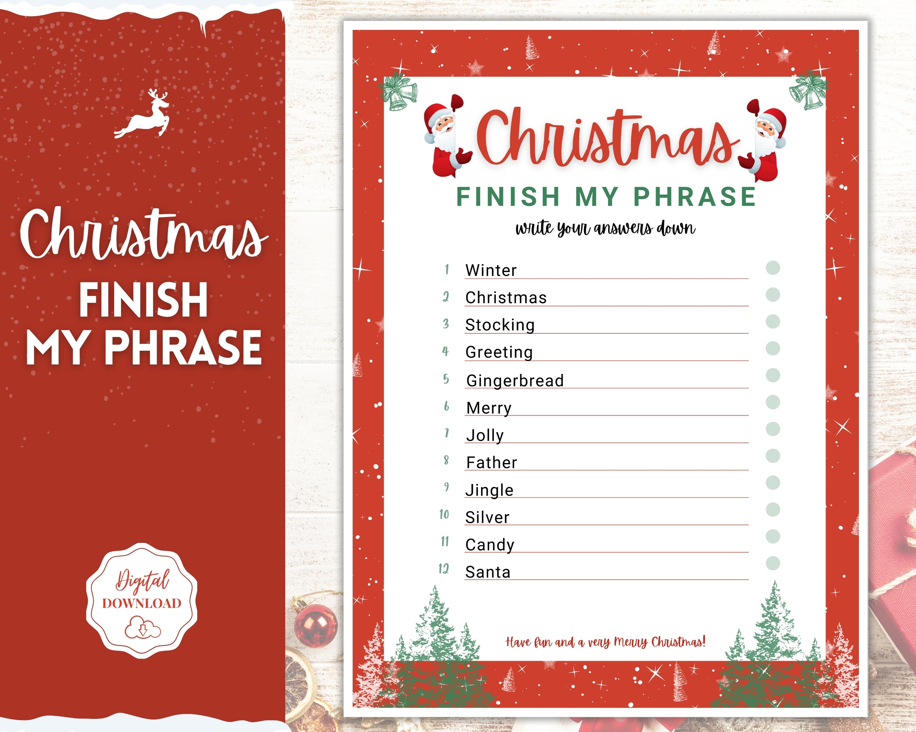 Christmas Finish my Phrase Game Holiday Game Printables Xmas Party Game Fun Family Activity Set Virtual Kids Adults Office Party Quiz christmas finish my phrase game | xmas holiday game & party printables