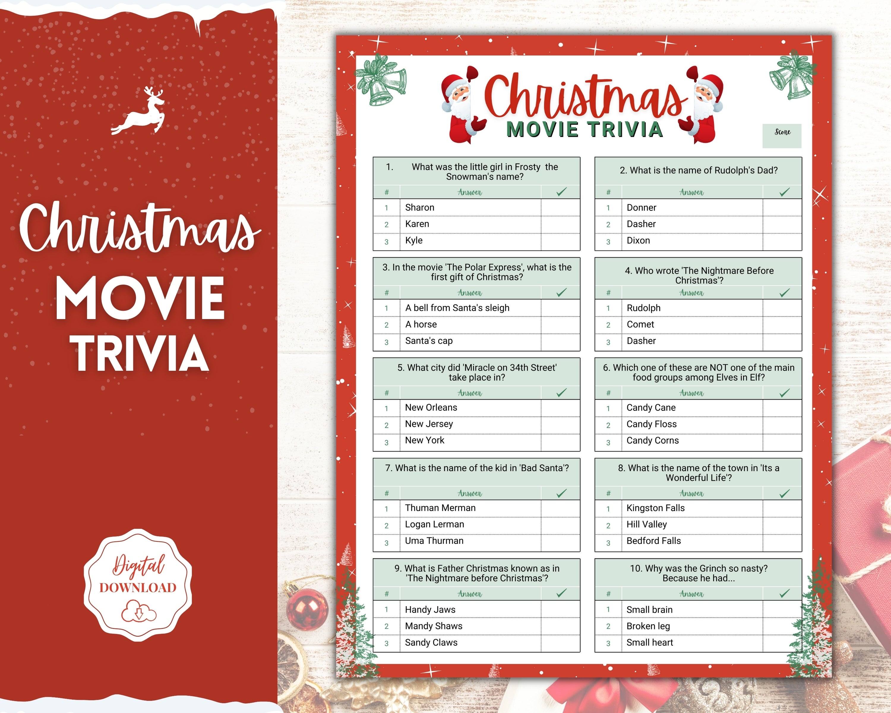 Christmas MOVIE TRIVIA Game Holiday Game Printables Xmas Party Game Fun Family Activity Set Virtual Kids Adults Office Party Quiz christmas movie trivia game | holiday xmas party game printables for t