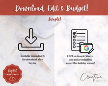 Load image into Gallery viewer, Christmas Planner Budget Spreadsheet, Holiday Gift List, Gift Tracker, Expenses, Google Sheets, Xmas, Finances, Dashboard, Countdown