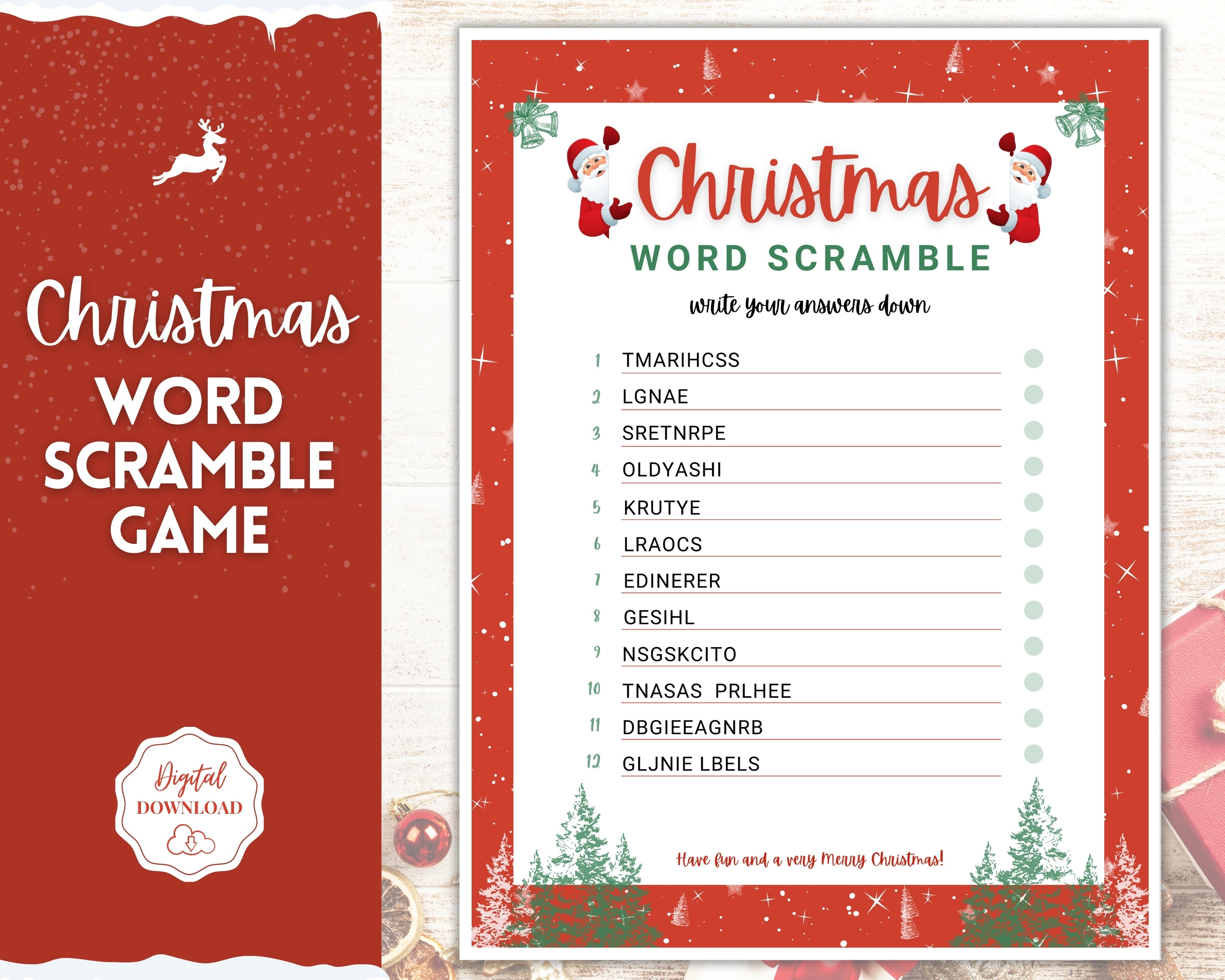 christmas word scramble | holiday game printables, xmas party games