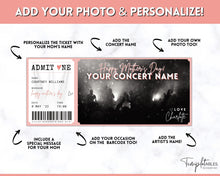 Load image into Gallery viewer, Concert Ticket Template, EDITABLE MOTHERS DAY Surprise Getaway gift, Invitation, Last minute Mom Mother's, Diy Musical Event, Theatre Show | Style 1