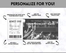 Load image into Gallery viewer, Concert Ticket Template, Editable Surprise Getaway gift, Invitation, Birthday for her, Anniversary Gift for him, Musical Event, Theatre Show | Style 1