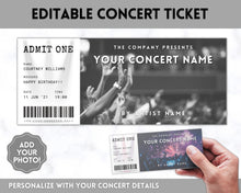 Load image into Gallery viewer, Concert Ticket Template, Editable Surprise Getaway gift, Invitation, Birthday for her, Anniversary Gift for him, Musical Event, Theatre Show | Style 1