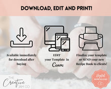 Load image into Gallery viewer, Cookbook Template, Canva Recipe Book Template, Editable eBook, Recipe Card, Binder, Box, Meal Planner, Family Cooking , Recipe Page Workbook