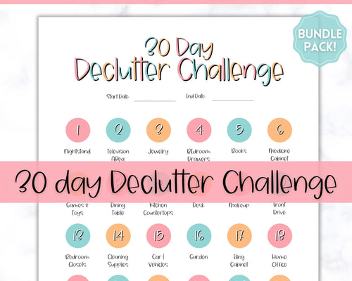 Declutter Checklist, 30 Day Challenge Printable, Cleaning Planner Schedule, De clutter your home, Spring Clean, Home Cleaning, Organization - Colorful