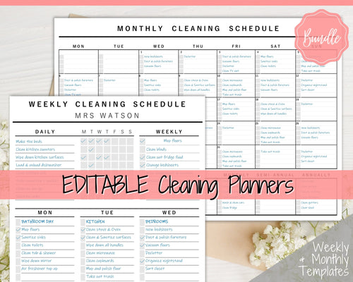 EDITABLE Cleaning Planner, EDITABLE Cleaning Checklist, Cleaning Schedule, Weekly House Chores, Clean Home Routine, Monthly Cleaning List | Style 1
