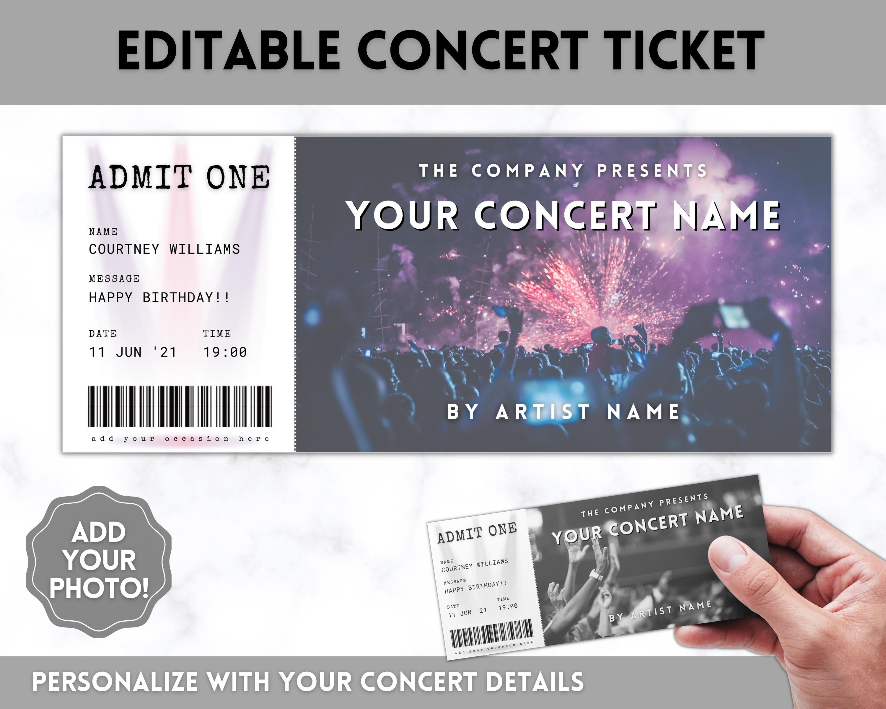 Concert Ticket Editable Template Perfect Gift for Special Occasions Concert Ticket Editable Template Perfect Gift for Special Occasions