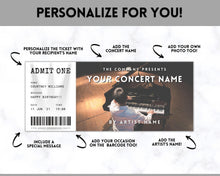 Load image into Gallery viewer, EDITABLE Concert Ticket Template, Surprise Getaway gift, Invitation, Birthday for her, Anniversary Gift for him, Musical Event, Theatre Show | Style 3