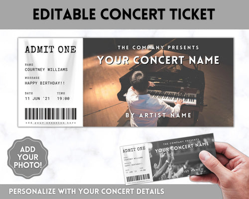 EDITABLE Concert Ticket Template, Surprise Getaway gift, Invitation, Birthday for her, Anniversary Gift for him, Musical Event, Theatre Show | Style 3