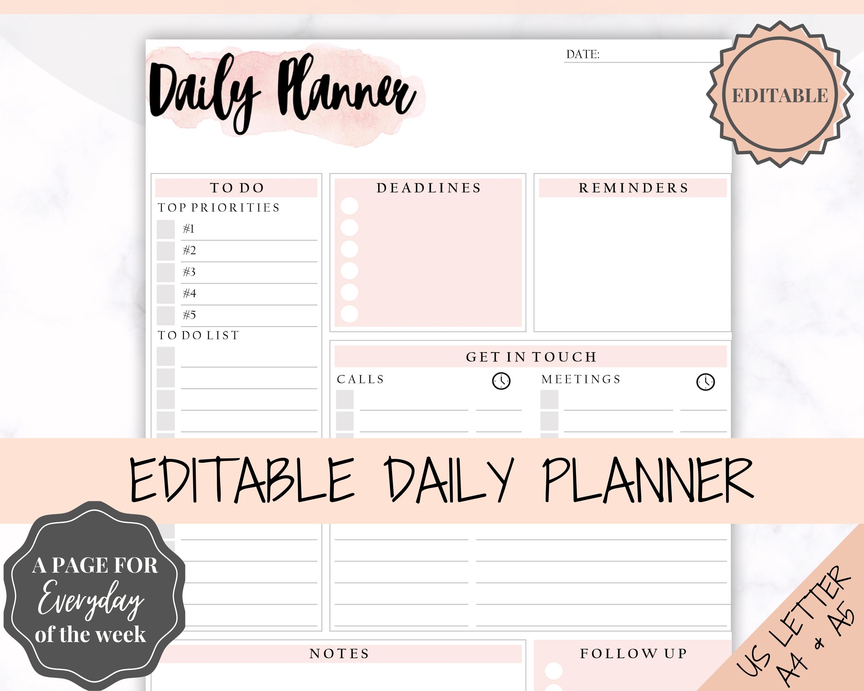 Daily Productivity Planner Printable, Daily Planner, Daily