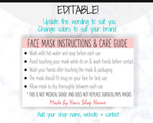 Load image into Gallery viewer, EDITABLE Face Mask LABEL Care Card, How to Handle Order Card, Face Mask Instructions, Business Card Labels, Mask Seller, Package Label Tag | Pink