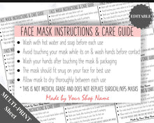 Load image into Gallery viewer, EDITABLE Face Mask LABEL Care Card, How to Handle Order Card, Face Mask Instructions, Business Card Labels, Mask Seller, Package Label Tag | Pink