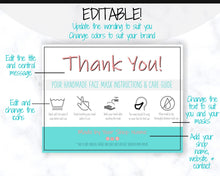 Load image into Gallery viewer, EDITABLE Face Mask Label Care Card, THANK YOU for Your Order Card, Face Mask Instructions, Business Labels, Mask Seller, Package Label Tag | Aqua & Pink