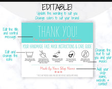 Load image into Gallery viewer, EDITABLE Face Mask Label Care Card, THANK YOU for Your Order Card, Face Mask Instructions, Business Labels, Mask Seller, Package Label Tag | Aqua Style 2