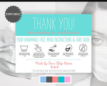 Load image into Gallery viewer, EDITABLE Face Mask Label Care Card, THANK YOU for Your Order Card, Face Mask Instructions, Business Labels, Mask Seller, Package Label Tag | Aqua Style 2