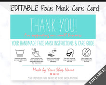Load image into Gallery viewer, EDITABLE Face Mask Label Care Card, THANK YOU for Your Order Card, Face Mask Instructions, Business Labels, Mask Seller, Package Label Tag | Aqua Style 2