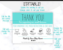 Load image into Gallery viewer, EDITABLE Face Mask Label Care Card, THANK YOU for Your Order Card, Face Mask Instructions, Business Labels, Mask Seller, Package Label Tag | Aqua Style 3