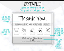 Load image into Gallery viewer, EDITABLE Face Mask Label Care Card, THANK YOU for Your Order Card, Face Mask Instructions, Business Labels, Mask Seller, Package Label Tag | Mono Style 1