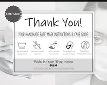 Load image into Gallery viewer, EDITABLE Face Mask Label Care Card, THANK YOU for Your Order Card, Face Mask Instructions, Business Labels, Mask Seller, Package Label Tag | Mono Style 1
