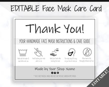 Load image into Gallery viewer, EDITABLE Face Mask Label Care Card, THANK YOU for Your Order Card, Face Mask Instructions, Business Labels, Mask Seller, Package Label Tag | Mono Style 1