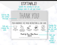 Load image into Gallery viewer, EDITABLE Face Mask Label Care Card, THANK YOU for Your Order Card, Face Mask Instructions, Business Labels, Mask Seller, Package Label Tag | Mono Style 2
