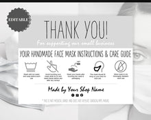 Load image into Gallery viewer, EDITABLE Face Mask Label Care Card, THANK YOU for Your Order Card, Face Mask Instructions, Business Labels, Mask Seller, Package Label Tag | Mono Style 2
