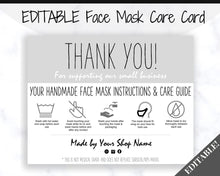 Load image into Gallery viewer, EDITABLE Face Mask Label Care Card, THANK YOU for Your Order Card, Face Mask Instructions, Business Labels, Mask Seller, Package Label Tag | Mono Style 2