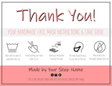 Load image into Gallery viewer, EDITABLE Face Mask Label Care Card, THANK YOU for Your Order Card, Face Mask Instructions, Business Labels, Mask Seller, Package Label Tag | Pink