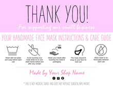 Load image into Gallery viewer, EDITABLE Face Mask Label Care Card, THANK YOU for Your Order Card, Face Mask Instructions, Business Labels, Mask Seller, Package Label Tag | Purple Style 1