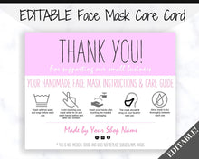 Load image into Gallery viewer, EDITABLE Face Mask Label Care Card, THANK YOU for Your Order Card, Face Mask Instructions, Business Labels, Mask Seller, Package Label Tag | Purple Style 1