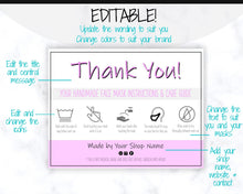 Load image into Gallery viewer, EDITABLE Face Mask Label Care Card, THANK YOU for Your Order Card, Face Mask Instructions, Business Labels, Mask Seller, Package Label Tag | Purple Style 2