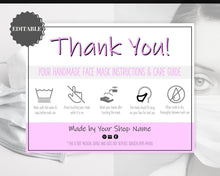 Load image into Gallery viewer, EDITABLE Face Mask Label Care Card, THANK YOU for Your Order Card, Face Mask Instructions, Business Labels, Mask Seller, Package Label Tag | Purple Style 2