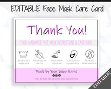 Load image into Gallery viewer, EDITABLE Face Mask Label Care Card, THANK YOU for Your Order Card, Face Mask Instructions, Business Labels, Mask Seller, Package Label Tag | Purple Style 2