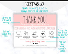 Load image into Gallery viewer, EDITABLE Face Mask Label Care Card, THANK YOU for Your Order Card, Face Mask Instructions, Business Labels, Mask Seller, Package Label Tag | Rose Pink