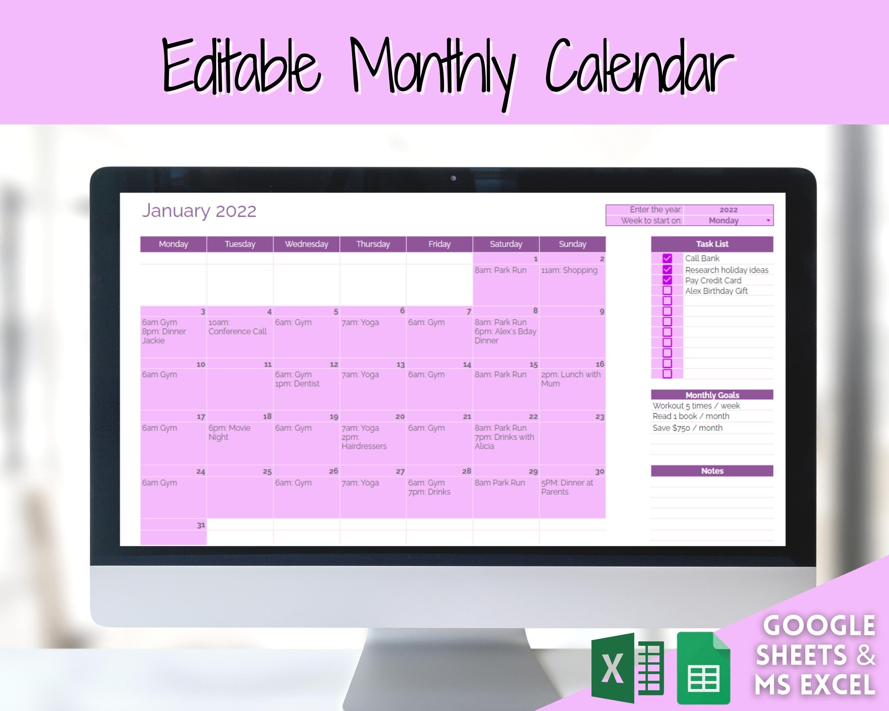 Editable Monthly Calendar Planner Google Sheets Excel Purple