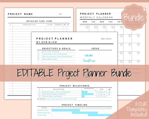 EDITABLE Project Planner! Printable Template BUNDLE, Work, Business, Student, Academic, Goal Planner, Gantt Timeline, Productivity Tracker