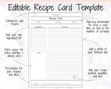 Load image into Gallery viewer, EDITABLE Recipe Book template, Recipe Sheet Template, Recipe Cards, Minimal Recipe Binder, 8.5x11 Printable Farmhouse, Food Planner Journal - No Photo Ink Free