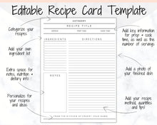 Load image into Gallery viewer, EDITABLE Recipe Book template, Recipe Sheet Template, Recipe Cards, Minimal Recipe Binder, 8.5x11 Printable Farmhouse, Food Planner Journal - No Photo Yu Font