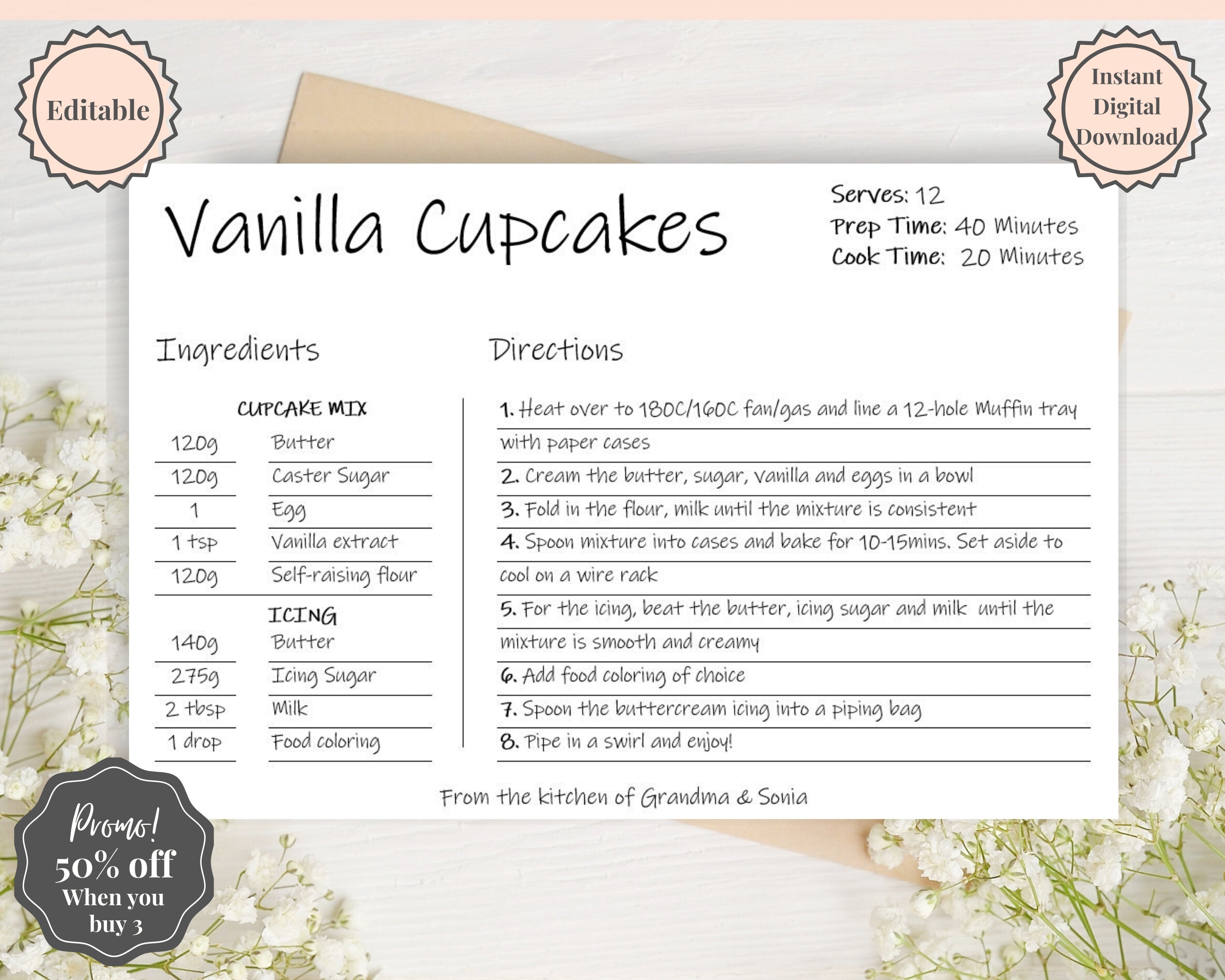 Recipe Card Template Editable, Custom Recipe Cards Printable