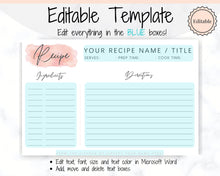 Load image into Gallery viewer, EDITABLE Recipe Card template, Recipe Template, Recipe Cards Printable, Simple, Retro, 4x6, Insert, Minimal, Sheet, Recipe Box, Sheet, Book | Style 7